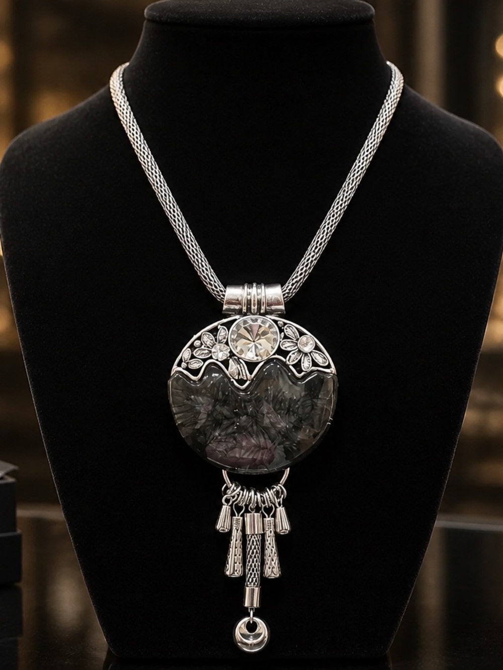 Vintage Labradorite Filigree Silver Statement Necklace with Tassel Drop